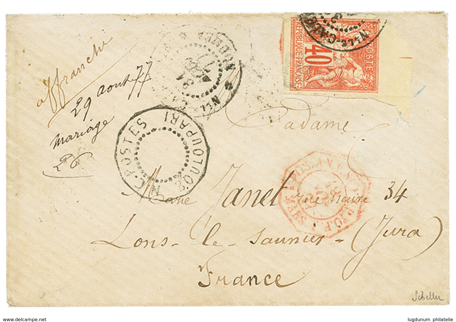 "BOULOUPARI" : 1877 CG 40c SAGE TB Margé Obl. N.C POSTES BOULOUPARI Sur Enveloppe Pour La FRANCE. RARE. Cote YVERT = 400 - Sonstige & Ohne Zuordnung