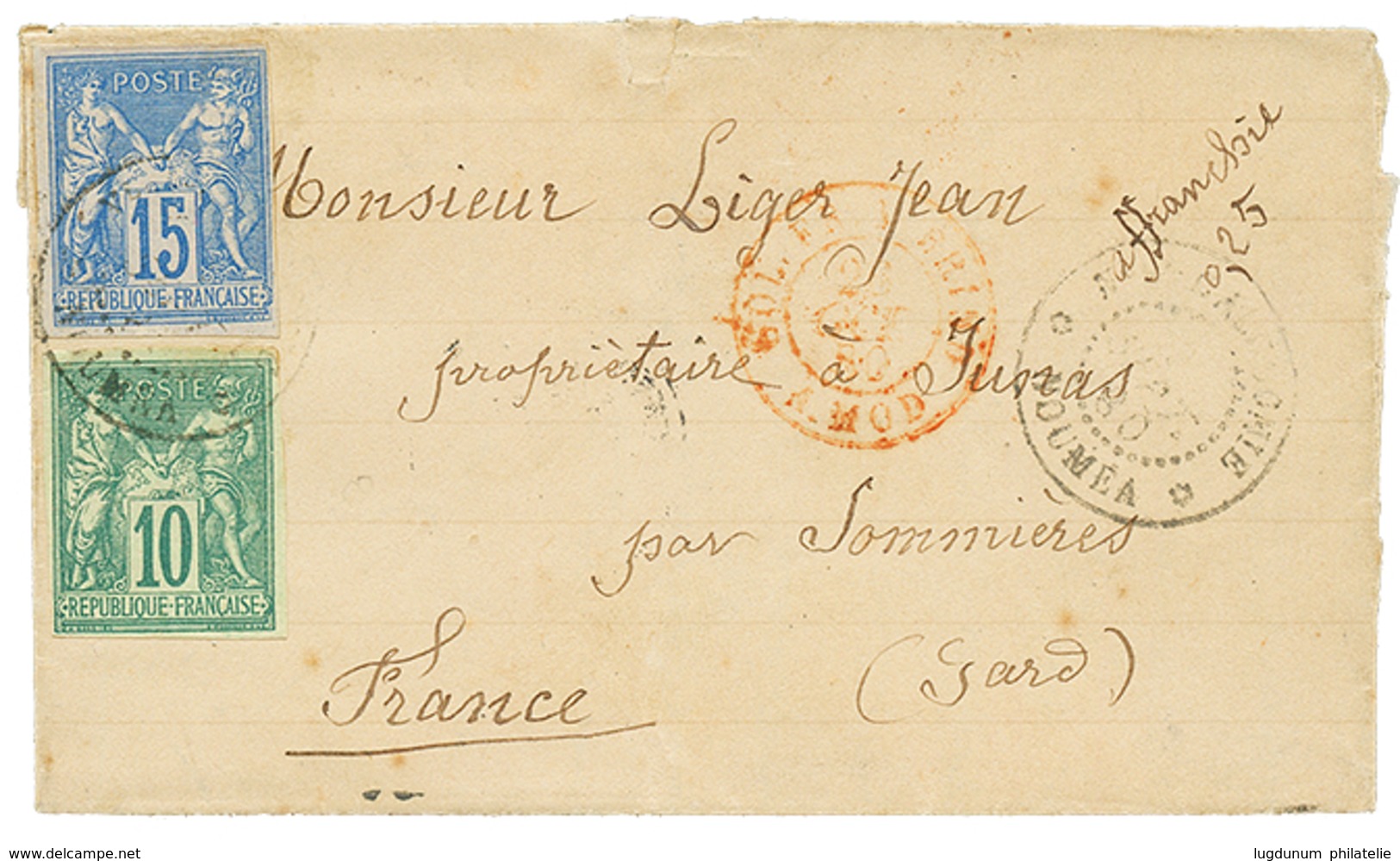 NOUVELLE CALEDONIE : 1880 CG 10c + 15c SAGE Obl. NOUMEA Sur Lettre Pour La FRANCE. RARE. TTB. - Sonstige & Ohne Zuordnung