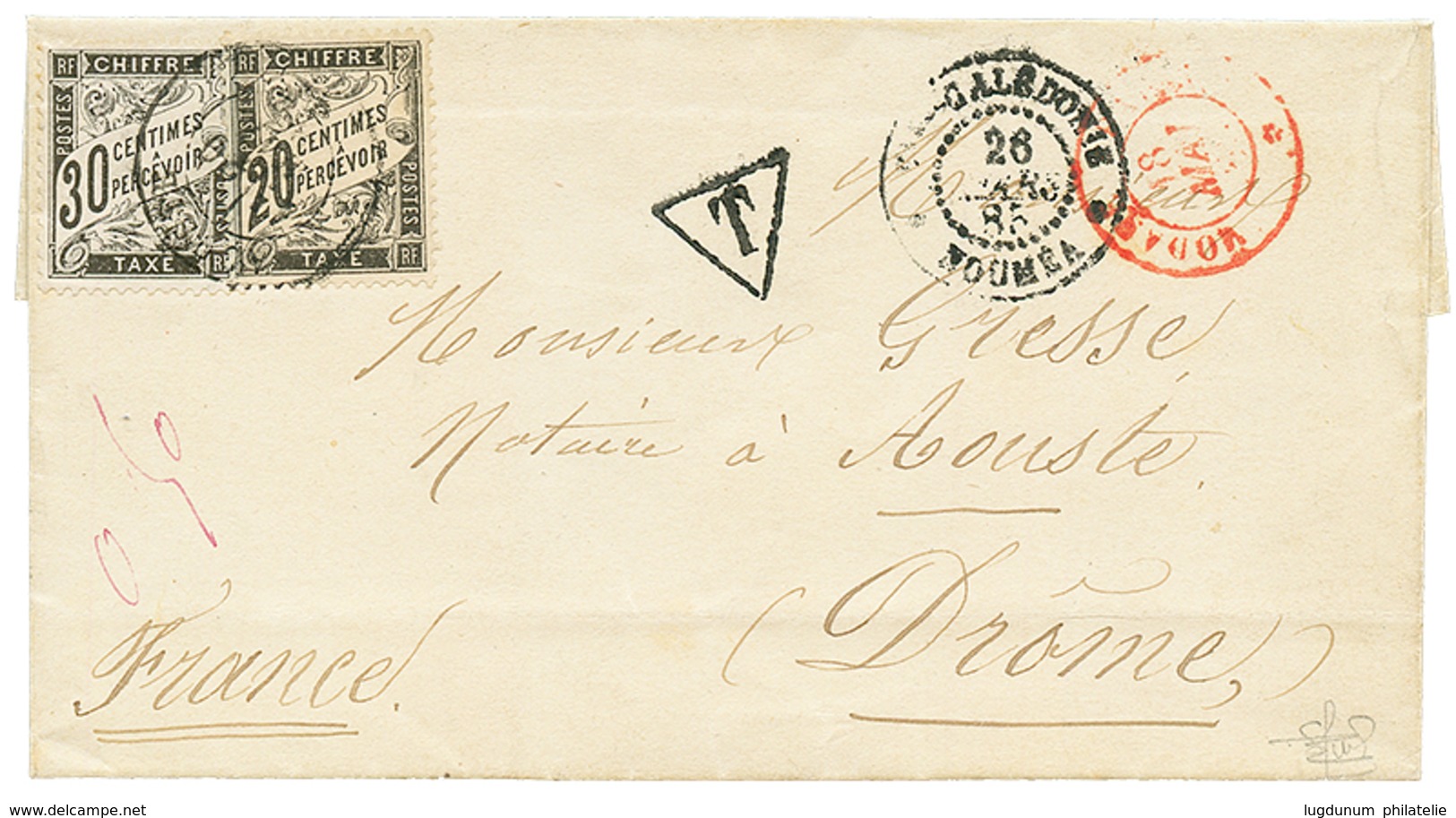 1885 NLLE CALEDONIE NOUMEA Sur Lettre Taxée En FRANCE Avec TAXE Noir 20c + 30c Obl. AOUSTE. Superbe. - Sonstige & Ohne Zuordnung