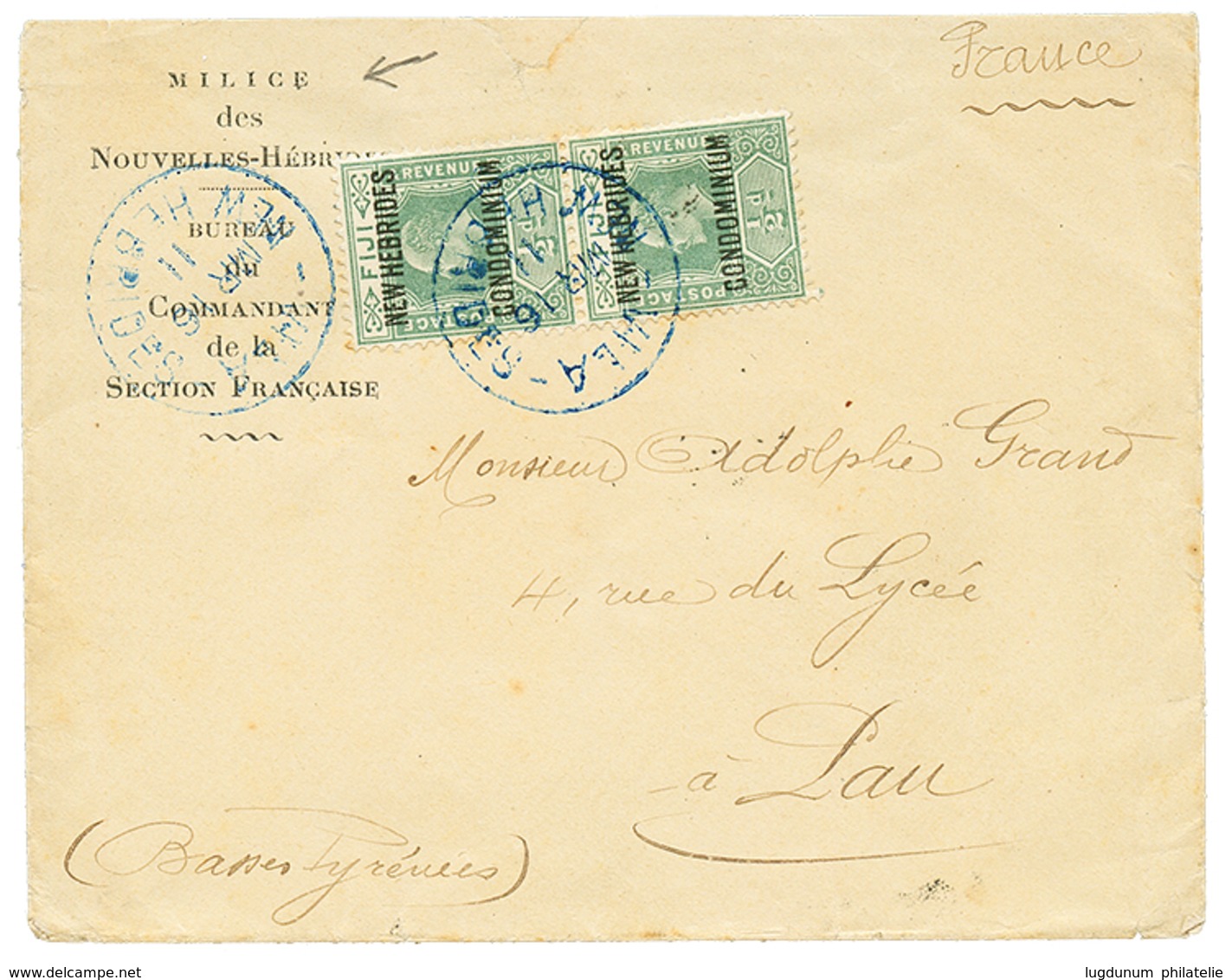 "MILICE DES NOUVELLES HEBRIDES" : 1911 1/2d(x2) Obl. VILA NEW HEBRIDES Sur Enveloppe RECOMMANDEE Avec Entête Imprimée "M - Sonstige & Ohne Zuordnung