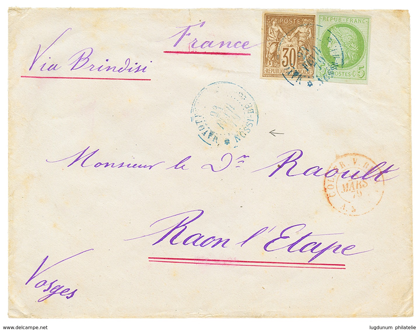 1879 CG 5c CERES + 30c SAGE Obl. MAYOTTE ET DEP. NOSSI-BE Sur Env. Pour La FRANCE. Tarif VOIE De MER à 35c. RARE. TTB. - Sonstige & Ohne Zuordnung