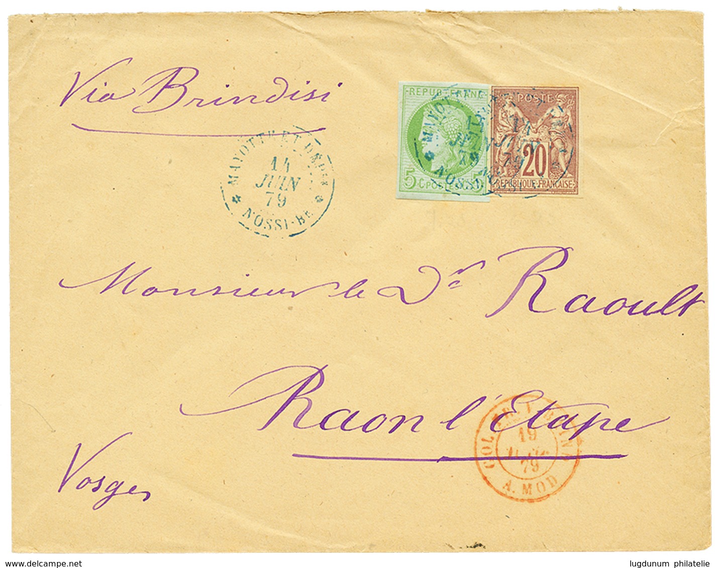 1879 CG 5c CERES + 20c SAGE Obl. MAYOTTE ET DEP. NOSSI-BE Sur Env. Pour La FRANCE. Tarif à 25c. RARE. Superbe. - Sonstige & Ohne Zuordnung