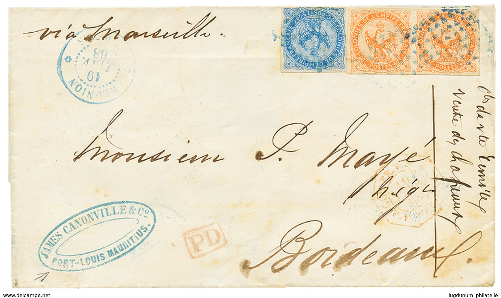 "ILE MAURICE Via La REUNION" : 1868 AIGLE 20c + Paire Du 40c, Tous TB Margés + REUNION ST DENIS Sur Lettre De PORT LOUIS - Sonstige & Ohne Zuordnung