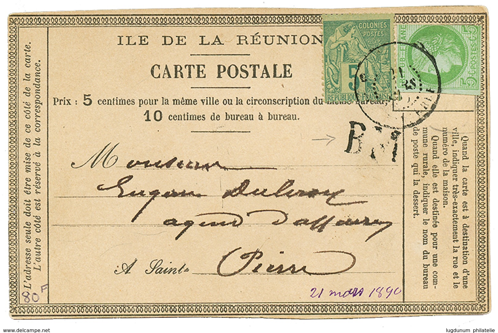 REUNION : 1890 CG 5c CERES +5c A. DUBOIS Obl. STE MARIE + B.M Sur CARTE (type Spécial) Pour ST PIERRE. TB. - Sonstige & Ohne Zuordnung