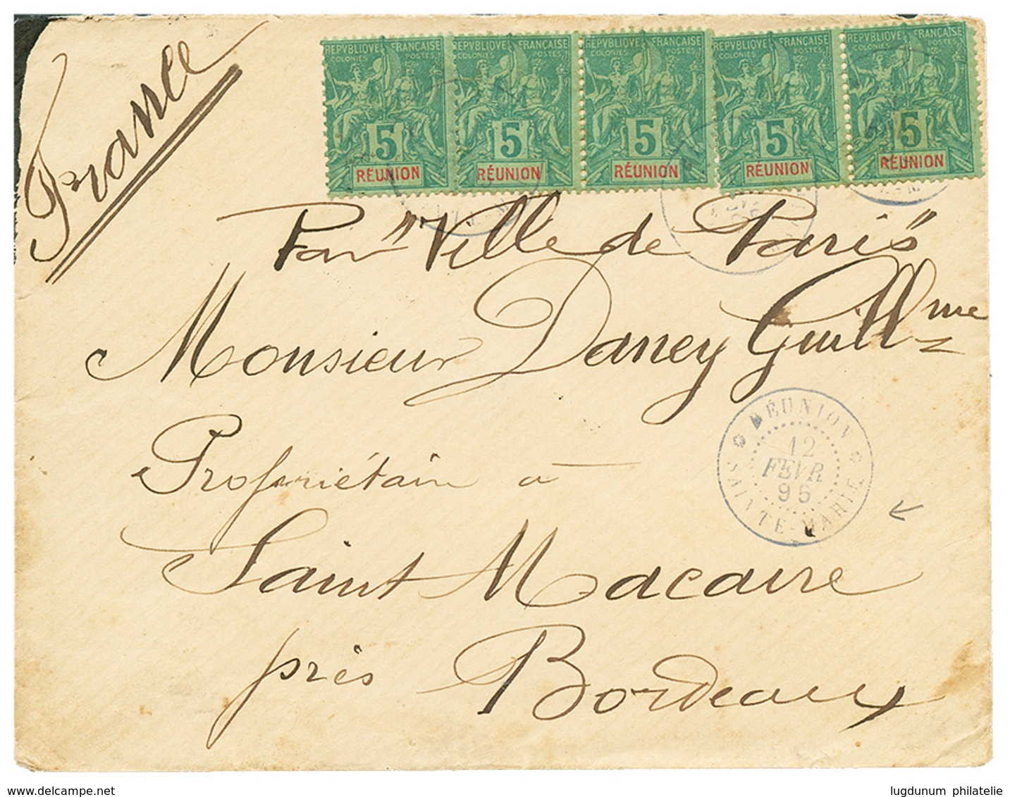 1895 5c(x5) Obl. REUNION SAINTE MARIE Sur Enveloppe Pour La FRANCE. TB. - Sonstige & Ohne Zuordnung