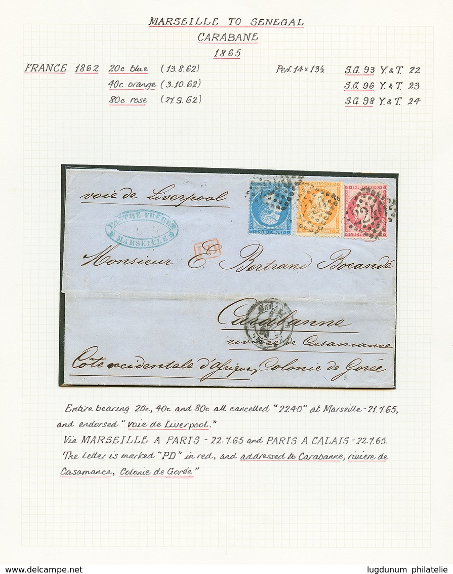 "Tricolore Pour La CASAMANCE" : 1865 20c(n°22) + 40c(n°23) + 80c(n°24) Sur Lettre De MARSEILLE Pour CARABANNE, RIVIERE D - Sonstige & Ohne Zuordnung