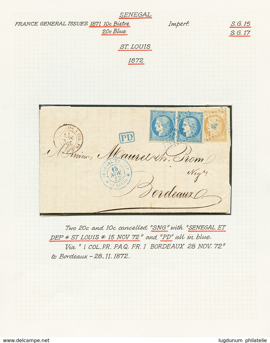 1872 CG 10c CERES (n°11) + Paire 20c CERES (n°12) Obl. SNG + SENEGAL ST LOUIS Sur Lettre Pour La FRANCE. Combinaison RAR - Sonstige & Ohne Zuordnung