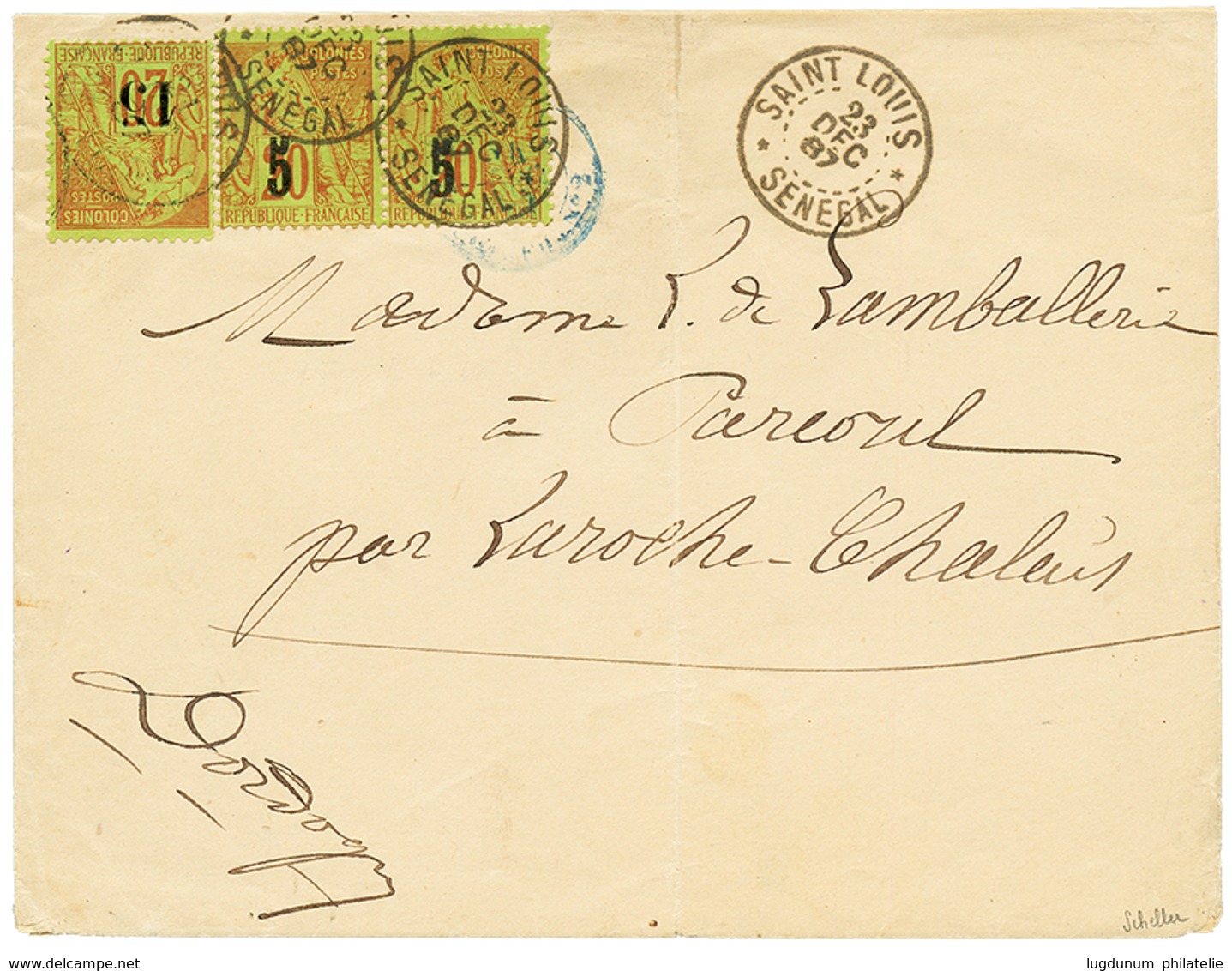 SENEGAL : 1887 5 S/ 20c(n°1)x2 + 15 S/ 20c(n°5) Obl. SAINT-LOUIS Sur Enveloppe Pour La FRANCE. Timbres Rares Sur Lettres - Sonstige & Ohne Zuordnung