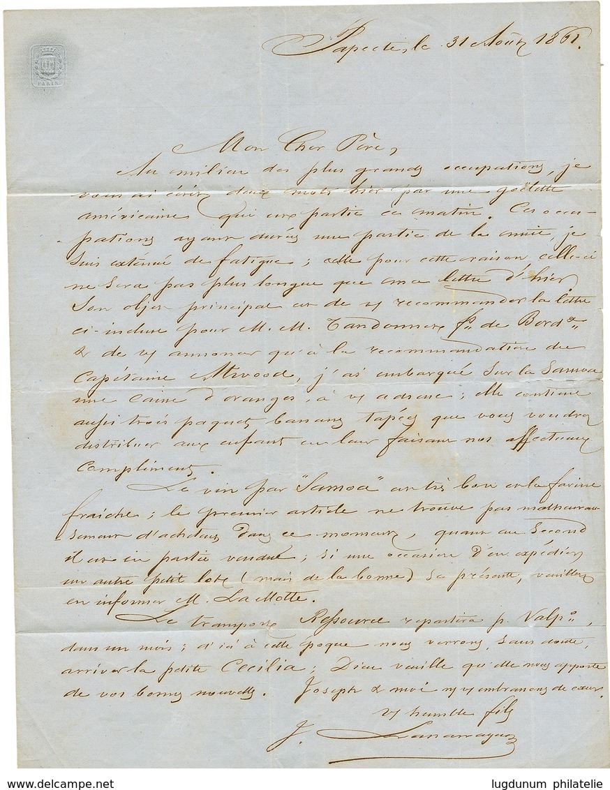 "TAHITI Pour Le CHILI" : 1861 Taxe 45 Rouge Sur Lettre Avec Texte De PAPEETE Pour VALPARAISO Au CHILI. Trés RARE. Superb - Sonstige & Ohne Zuordnung