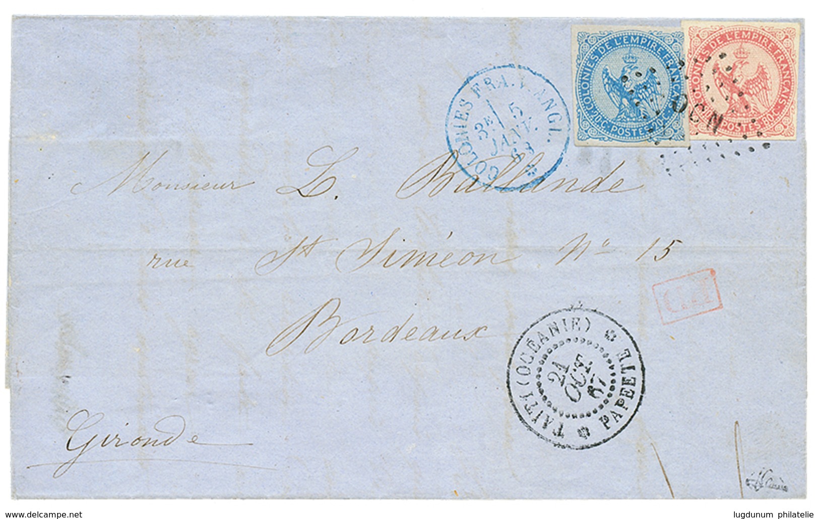 TAHITI : 1867 AIGLE 20c + 80c TTB Margés Obl. Losange OCN + TAITI(OCEANIE) PAPEETE Sur Lettre Pour BORDEAUX. Trés Rare S - Sonstige & Ohne Zuordnung