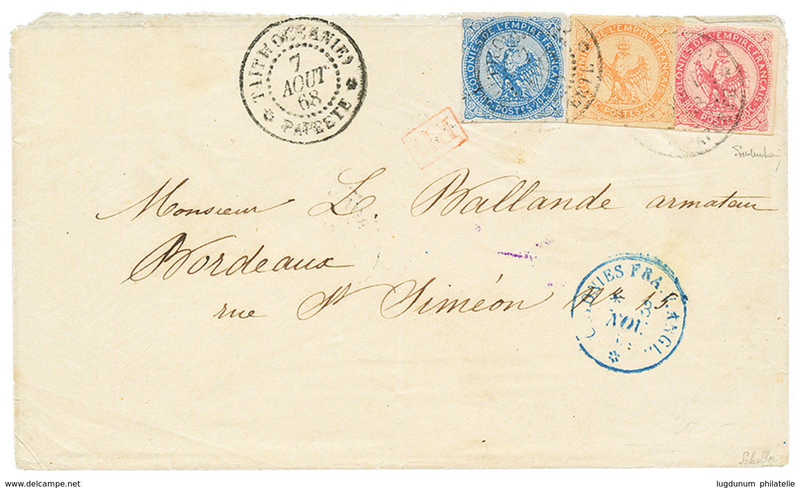 TAHITI : 1868 Superbe Tricolore Au Type AIGLE Avec 20c+ 40c + 80c Obl. Cachet à Date TAHITI(OCEANIE) PAPEETE Sur Envelop - Sonstige & Ohne Zuordnung