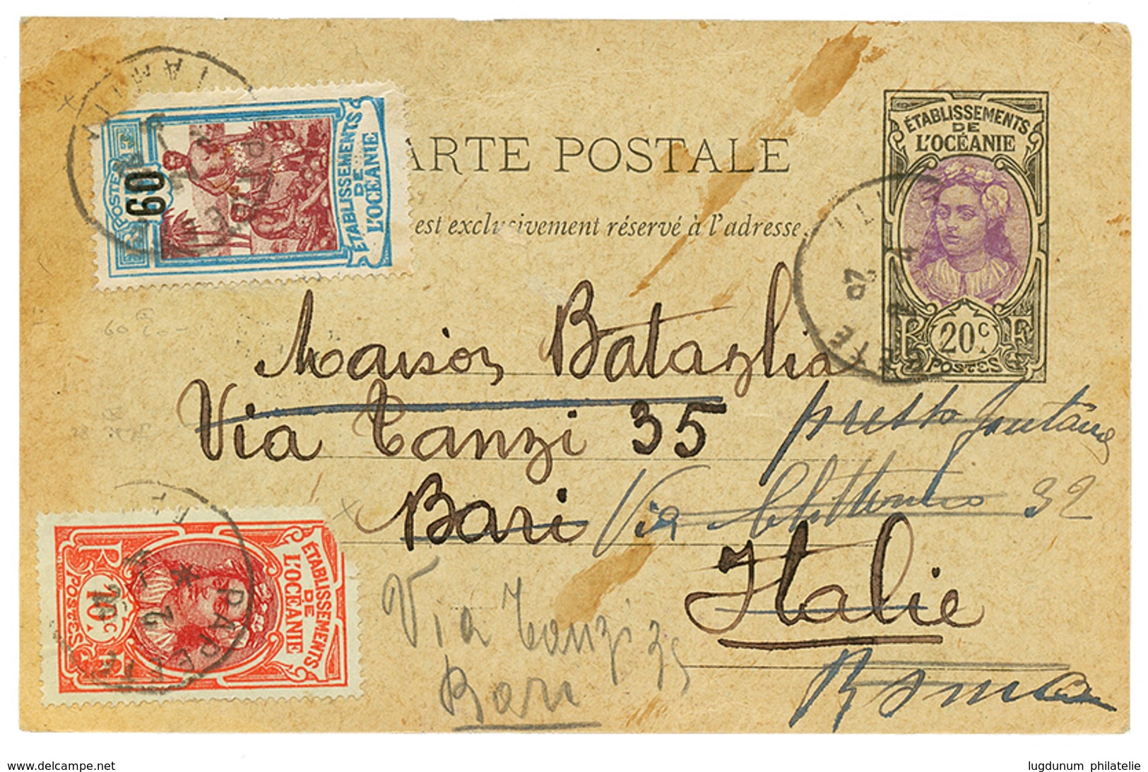 TAHITI : 1926 OCEANIE Entier 20c + 10c(pd)+ 60 S/ 75c(pd) Obl. PAPEETE To BARI (ITALIE). Rare. TB. - Sonstige & Ohne Zuordnung