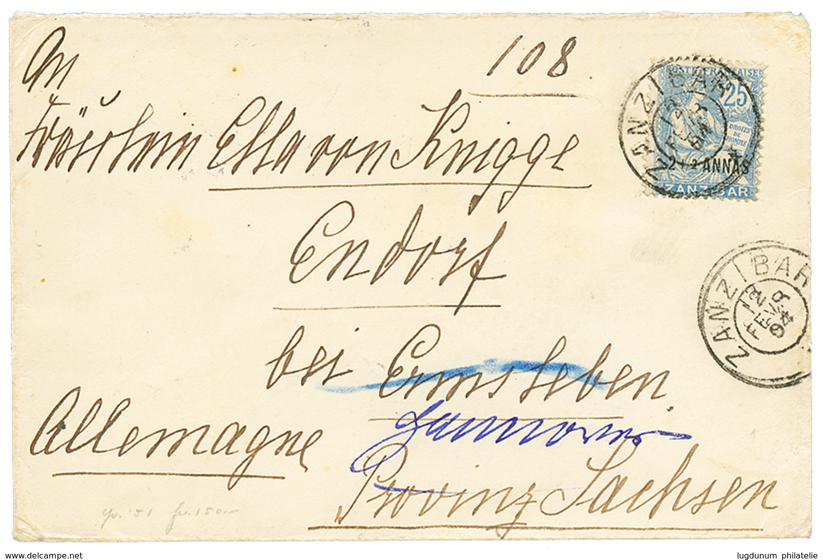 ZANZIBAR : 1904 2 ANNAS S/ 25c Obl. ZANZIBAR Sur Enveloppe Pour La SAXE. Pas Courant. TTB. - Sonstige & Ohne Zuordnung