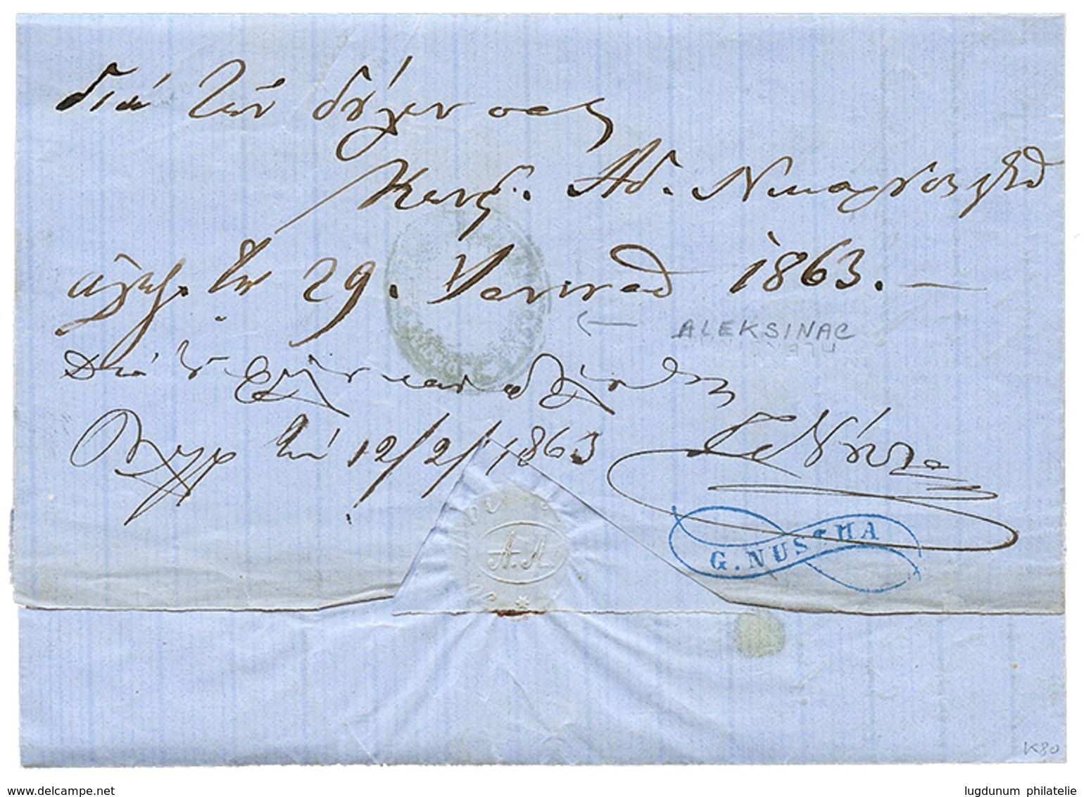 ALBANIA : 1863 Rare MONASTIR Negativ Cachet On Entire Letter From KORCË. Verso, Disinfected Cachet ALEKSINAC. Vvf. - Albanien