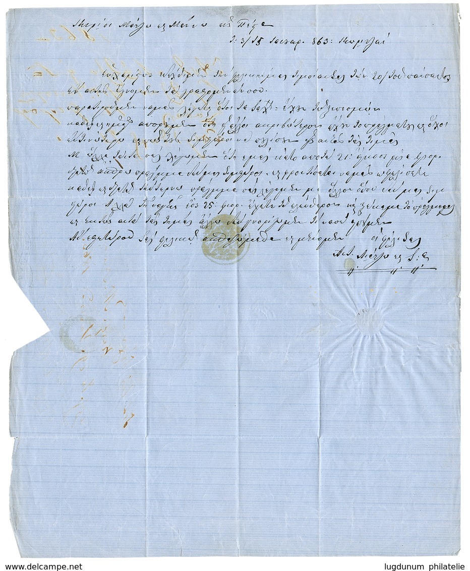 ALBANIA : 1863 Rare MONASTIR Negativ Cachet On Entire Letter From KORCË. Verso, Disinfected Cachet ALEKSINAC. Vvf. - Albanien