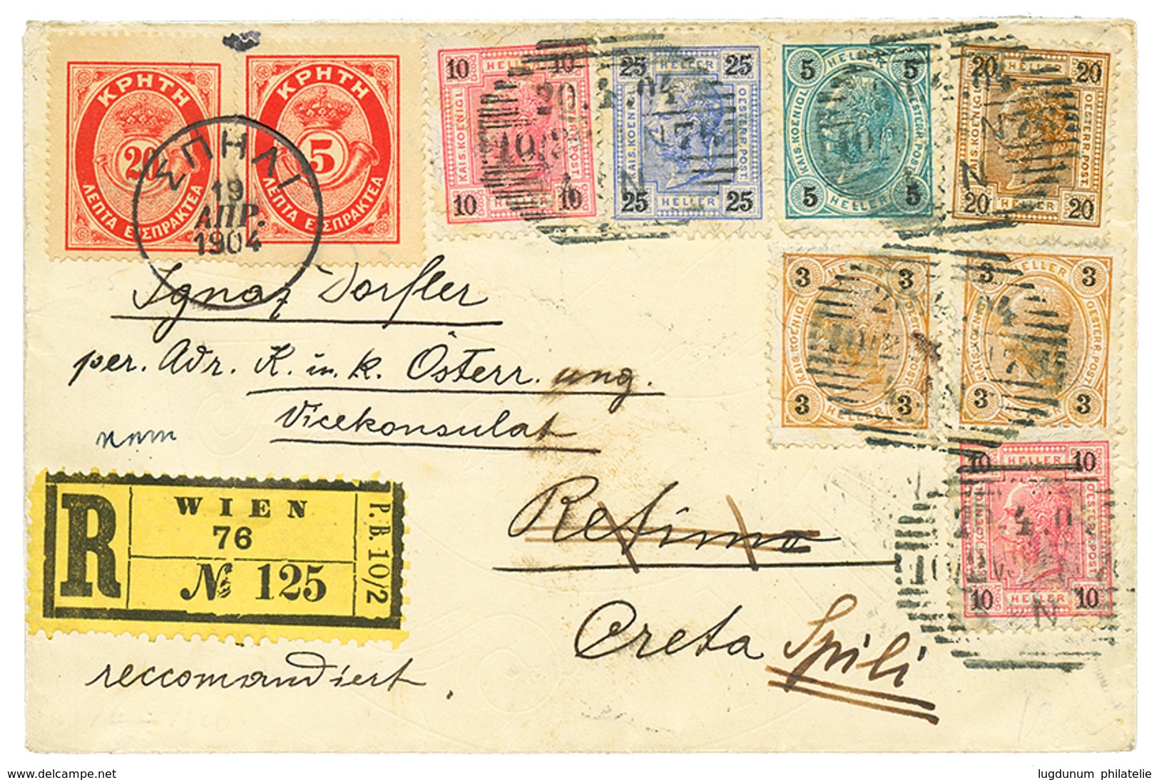 1904 AUSTRIA 3h(x2) +5h+ 10h(x2)+ 20h+ 25h Canc. WIEN + CRETE POSTAGE DUE 5l + 20l On REGISTERED Envelope From WIEN To R - Sonstige & Ohne Zuordnung
