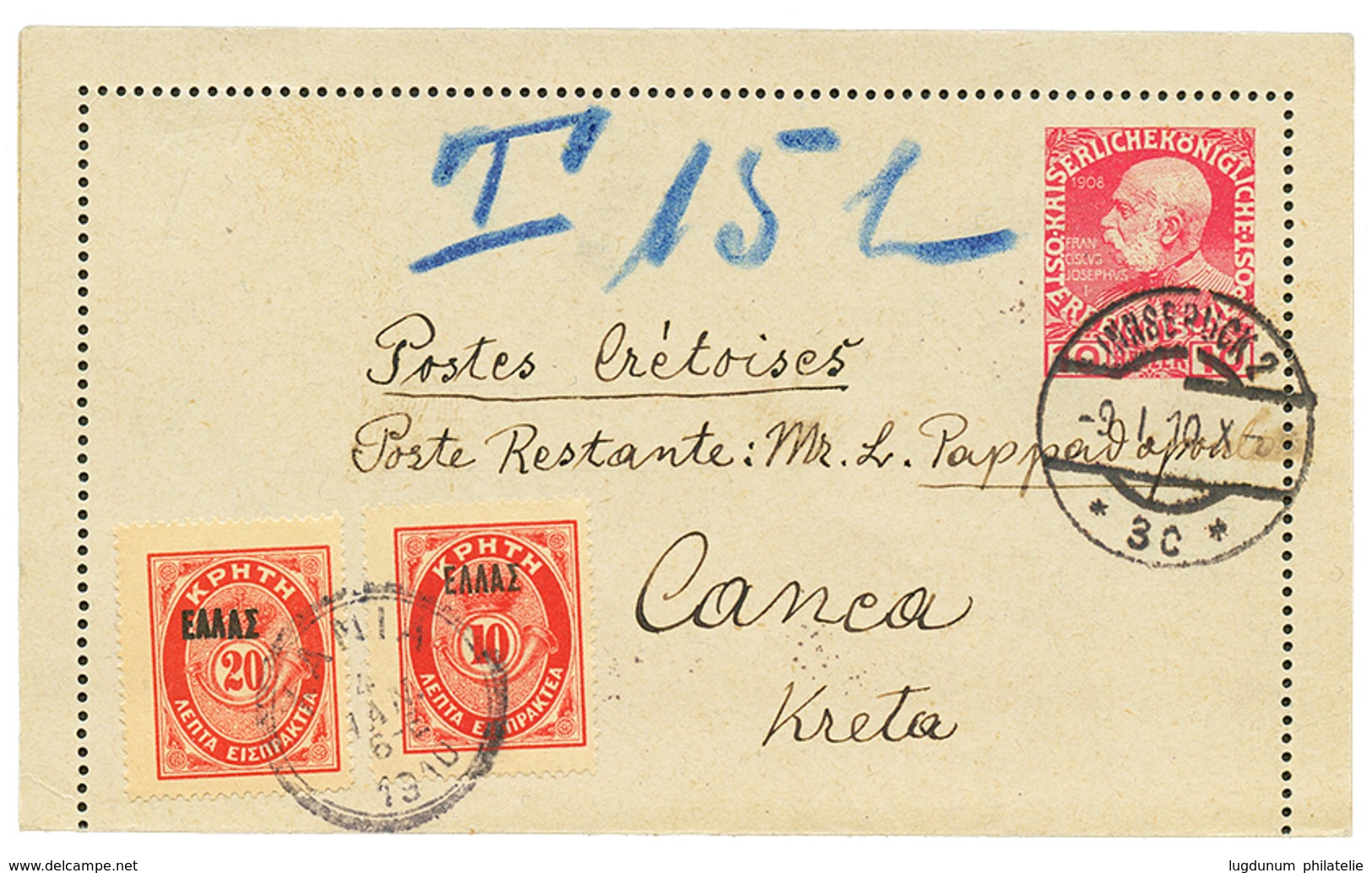 1910 AUSTRIA P./Stat 10p Canc. INNSBRUCK 2 To CANEA (CRETE) Taxed On Arrival With GREEK POSTAGE DUES 10l + 20l Canc. XAN - Sonstige & Ohne Zuordnung