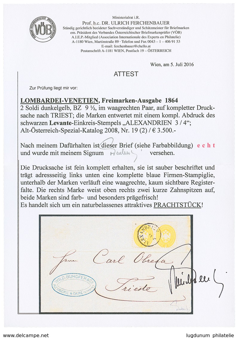 ALEXANDRIA : 1867 Pair 2 Soldi Perf. 91/2 Canc. ALEXANDRIEN On Complete PRINTED MATTER To TRIESTE. RARE. FERCHENBAUER Ce - Levante-Marken