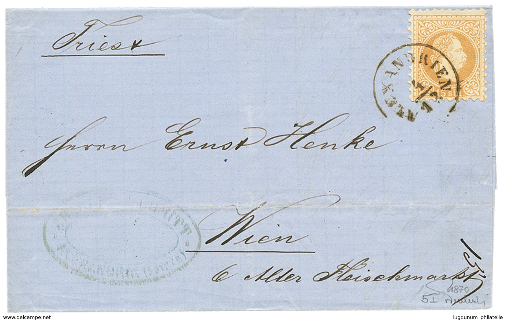 ALEXANDRIA ; 1870 15 SOLDI (n°5I) Canc. ALEXANDRIEN On Cover To WIEN. Signed FERCHENBAUER. Vvf. - Levante-Marken