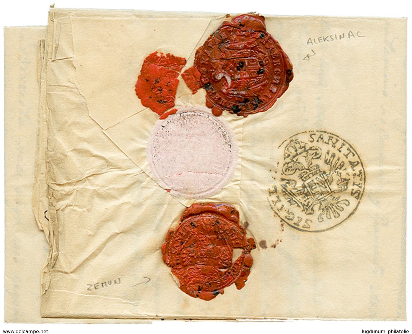 1842 Disinfected Wax Seal ALEKSINAC + ZEMUN On Reverse Of Entire Letter From VELES To PEST. Vvf. - Levante-Marken