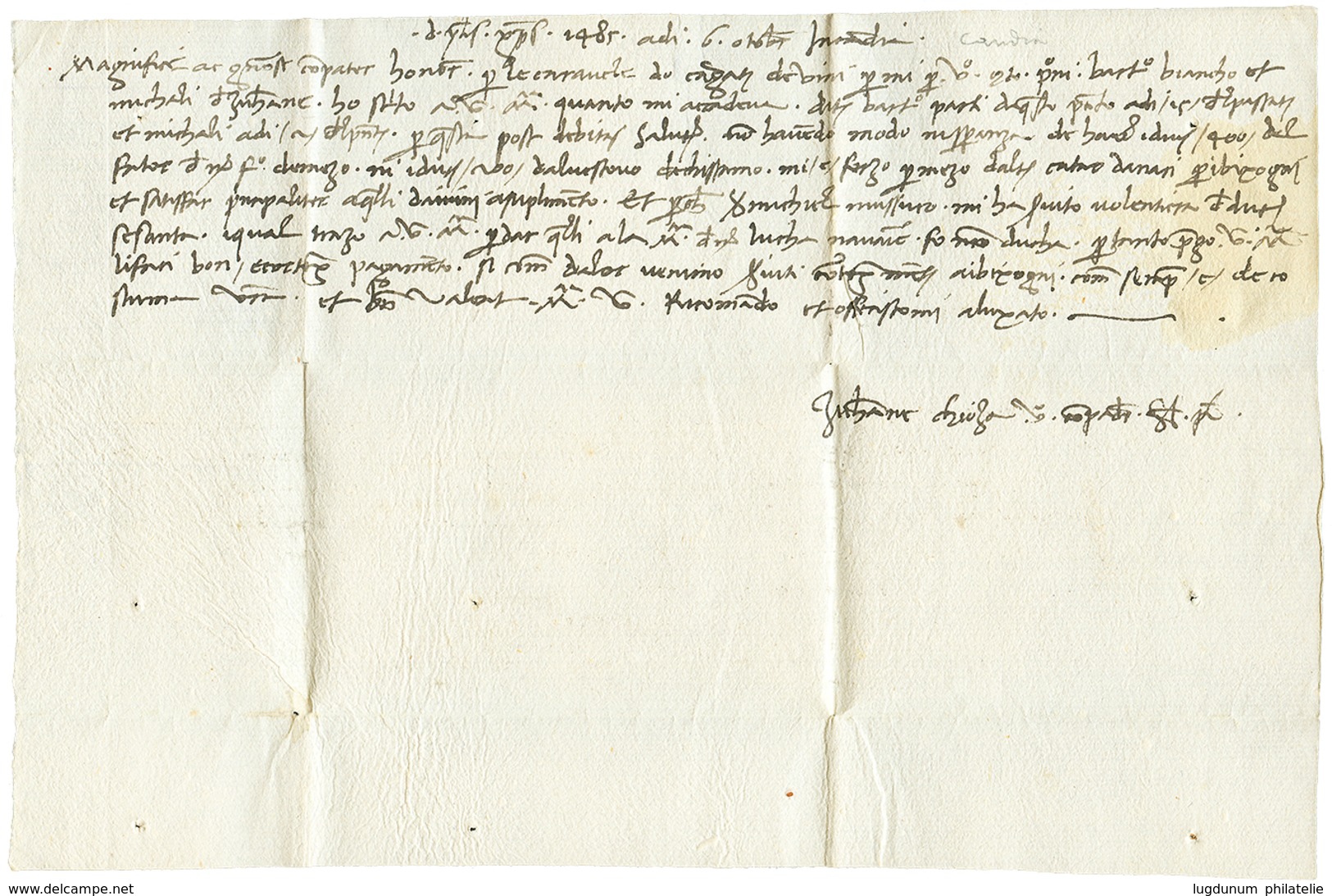 "CANDIA" : 1485 Entire Letter With Full Text From CANDIA (CRETE) To VENEZIA (ITALY). Extremely Scarce At This Date. Supe - Levante-Marken