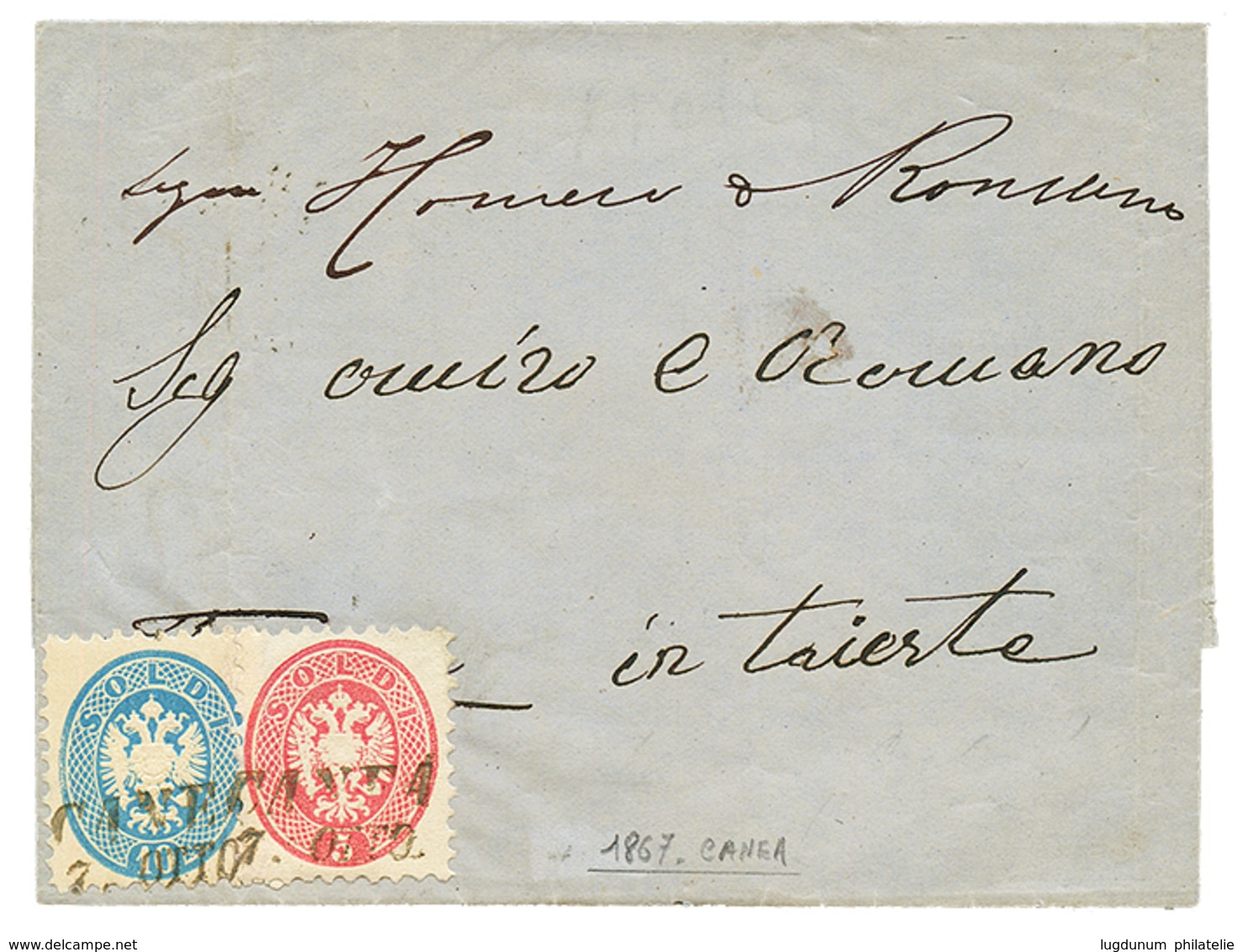 "CANEA" : 1867 5s + 10s Canc. CANEA/7.OTTO On Cover To TRIESTE. Scarce. Vvf. - Oriente Austriaco