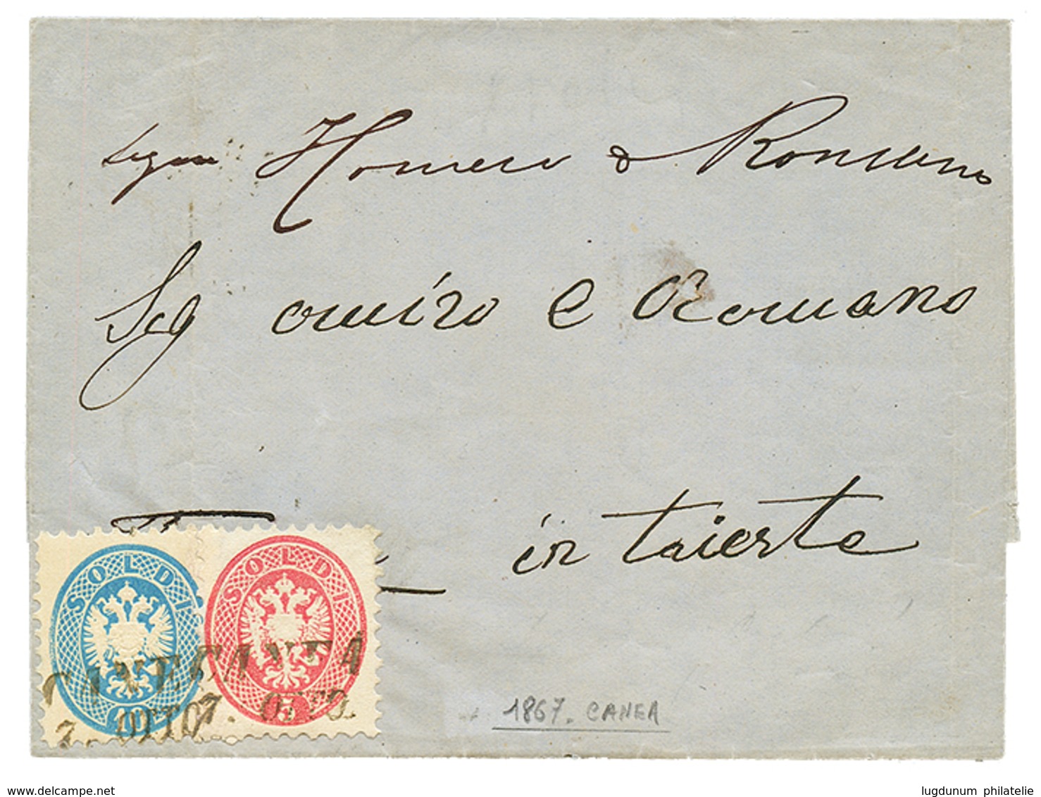 "CANEA" : 1867 5s + 10s Canc. CANEA/7.OTTO On Cover To TRIESTE. Scarce. Vvf. - Levante-Marken