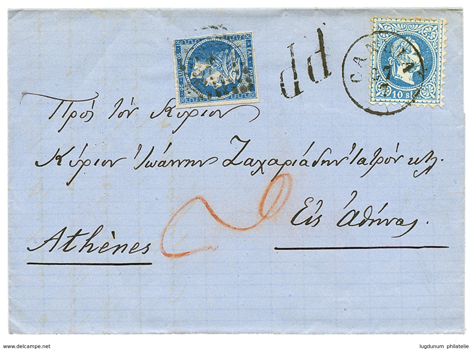 "CANDIA" : 1874 10s Canc. CANDIA + GREECE 20l On Entire Letter To ATHENES. Vf. - Levante-Marken