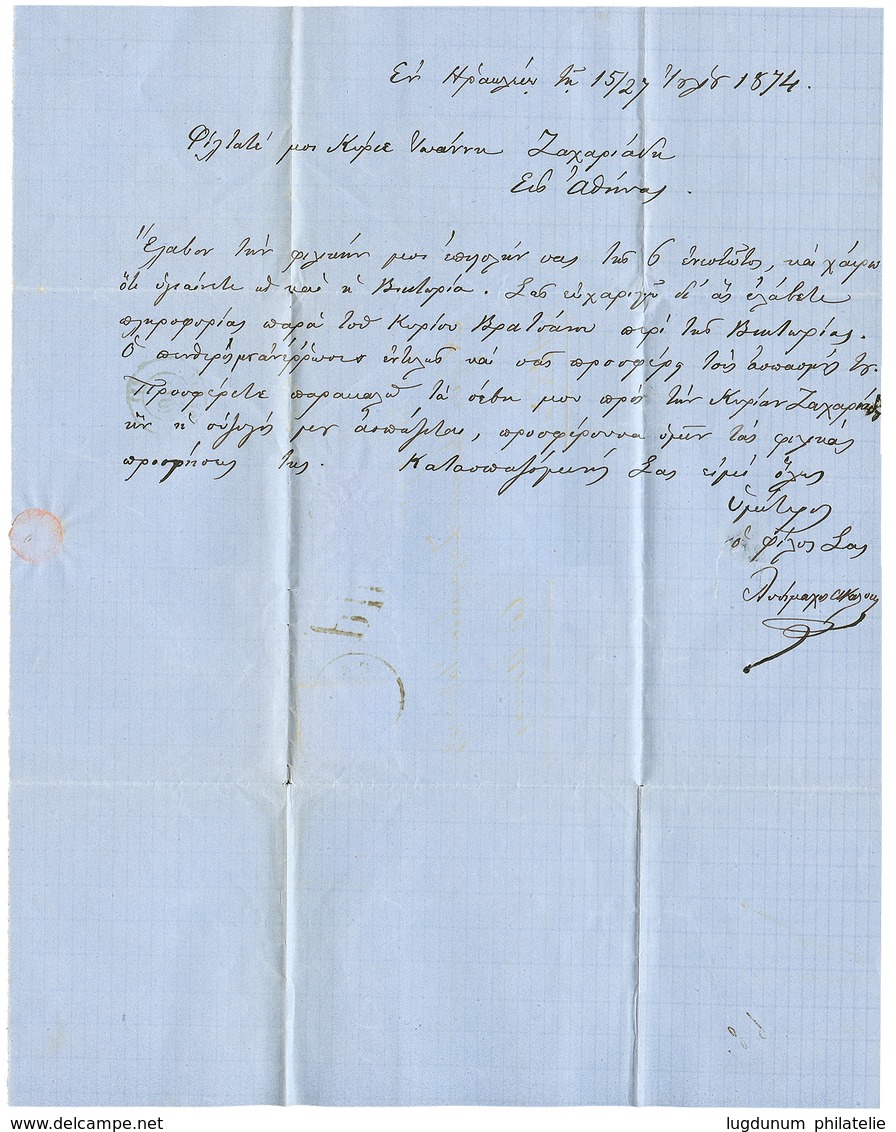 "CANDIA" : 1874 10s Canc. CANDIA + GREECE 20l On Entire Letter To ATHENES. Vf. - Oriente Austriaco