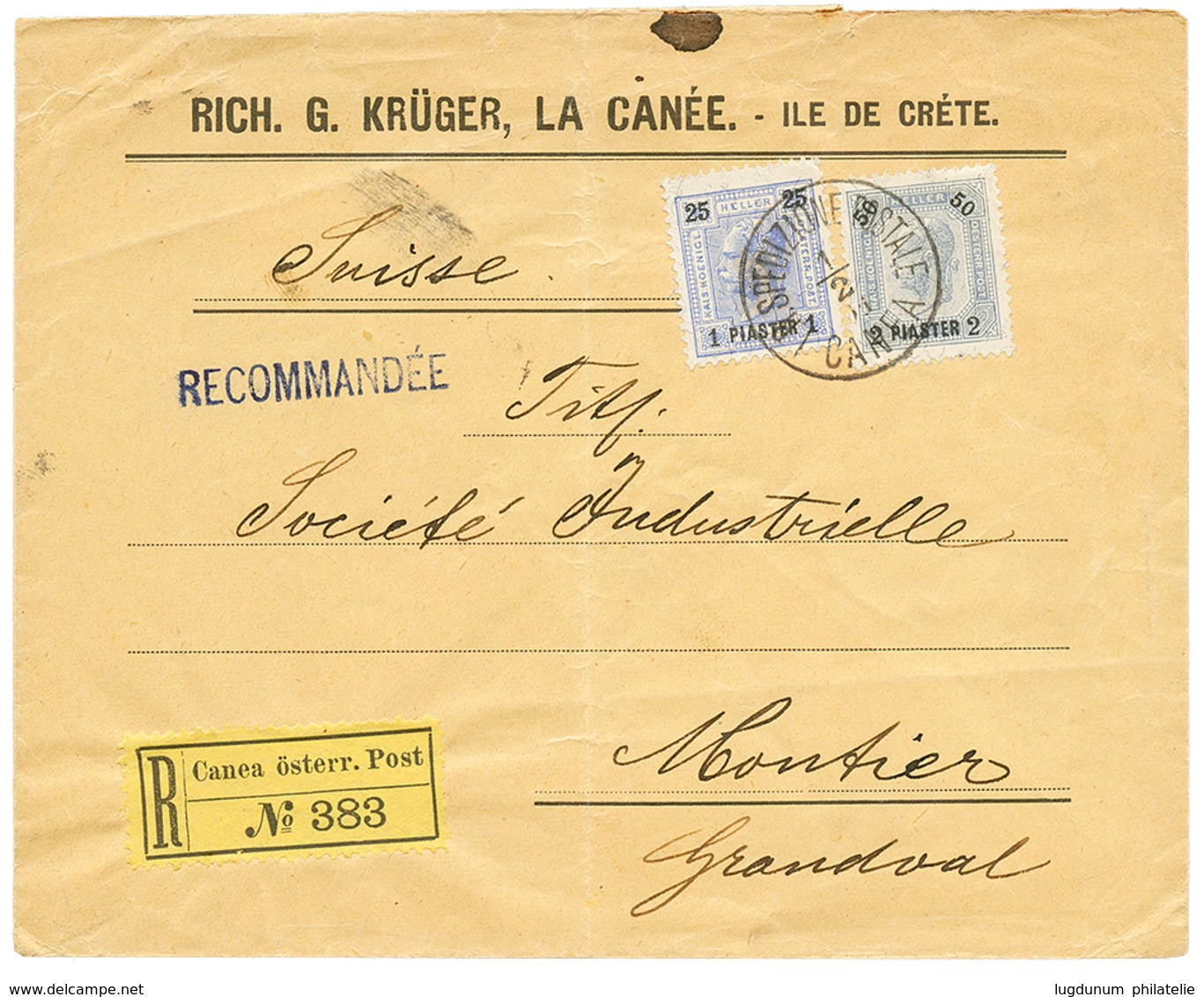 1901 1P + 2P Canc. I.R SPEDIZIONE POSTALE CANEA On REGISTERED Envelope To SWITZERLAND. Superb. - Levante-Marken
