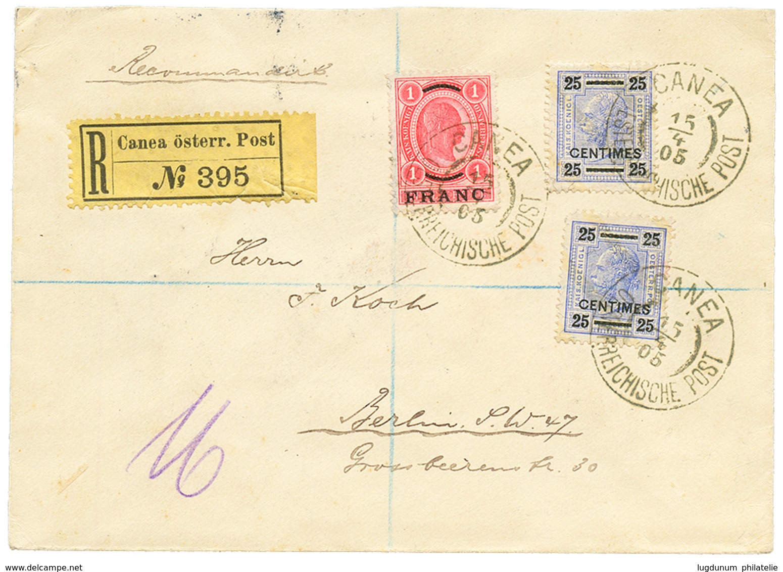 CRETE : 1905 1 FRANC + 25c Canc. CANEA On REGISTERED Envelope To BERLIN. RARE Used Of 1F On Letter. Superb. - Levante-Marken