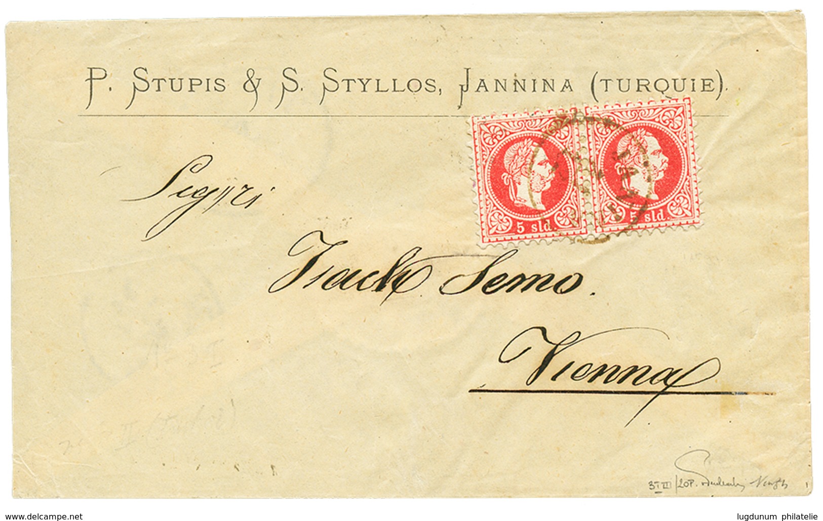 "JANINA" : 1876 Pair 5s Canc. JANINA On Envelope To VIENNA. Signed FERCHENBAUER. Vf. - Levante-Marken