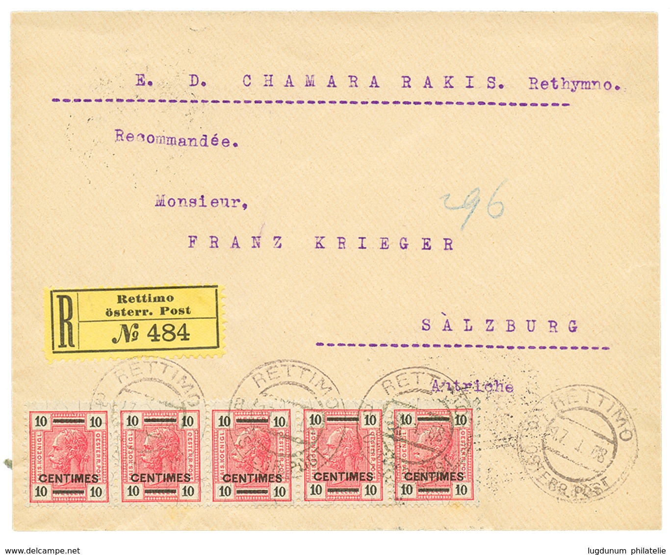 "RETTIMO" : 1908 10c Strip Of 5 Canc. RETTIMO On REGISTERED Envelope To AUSTRIA. Superb. - Levante-Marken