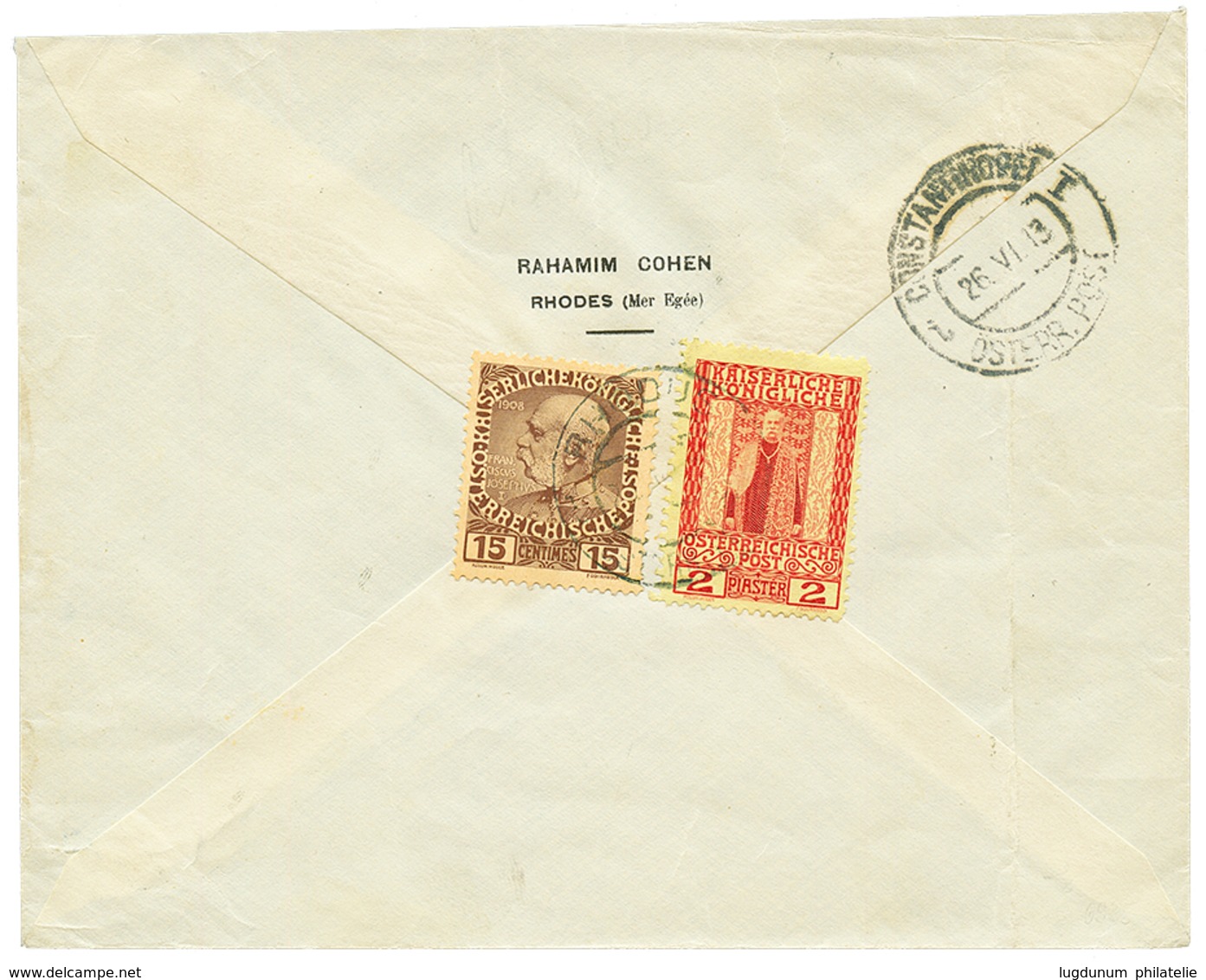 "RHODES" : 1914 15c + 2P Canc. RHODUS On Reverse Of REGISTERED Envelope To CONSTANTINOPLE. Vf. - Levante-Marken