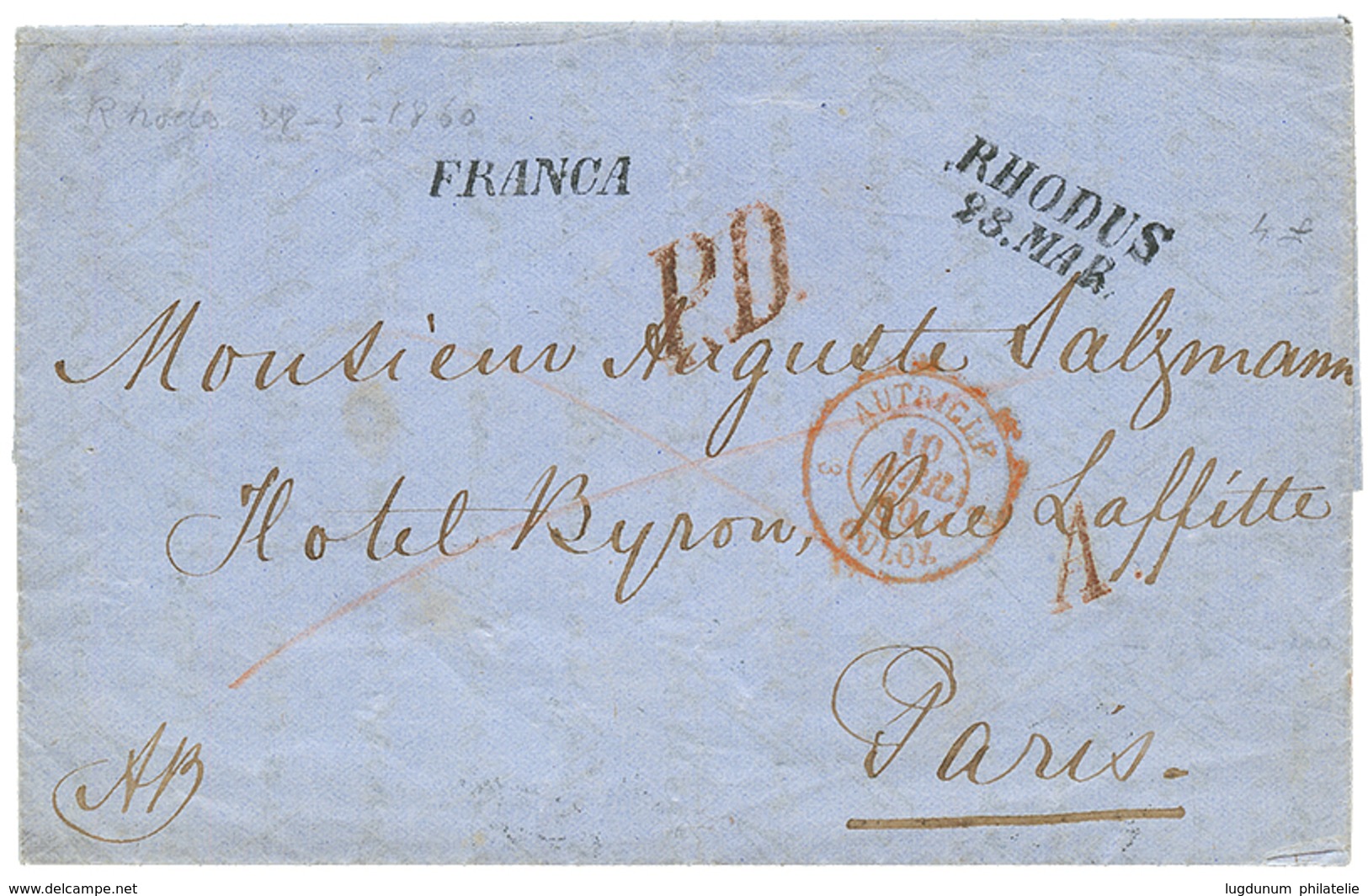 "RHODES" : 1860 RHODUS/28.MAR + FRANCA + PD Red On Entire Letter To FRANCE. Superb. - Levante-Marken