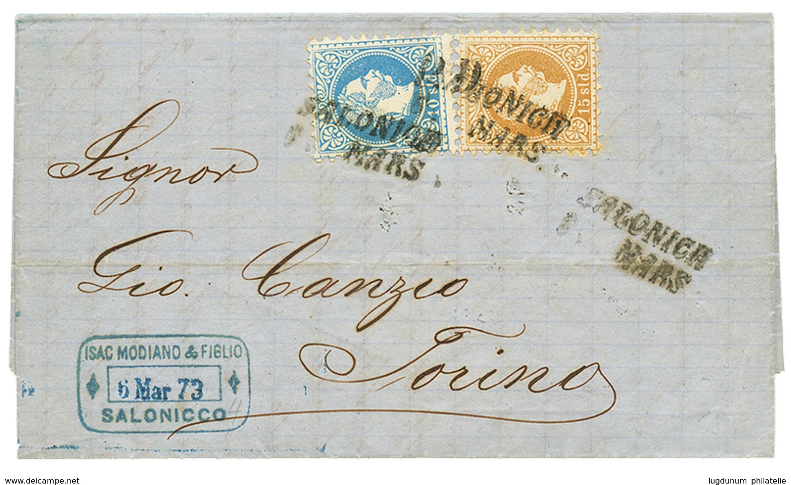 1873 10s + 15s Canc. SALONICH On Cover To TORINO(ITALY). Vf. - Levante-Marken