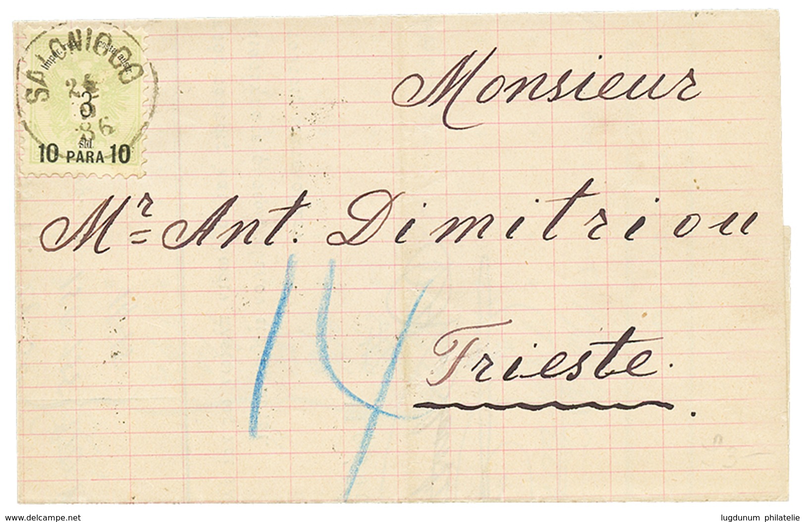 1886 10 Para On 3 Soldi Canc. SALONICCO On Cover To TRIESTE. Superb. - Levante-Marken