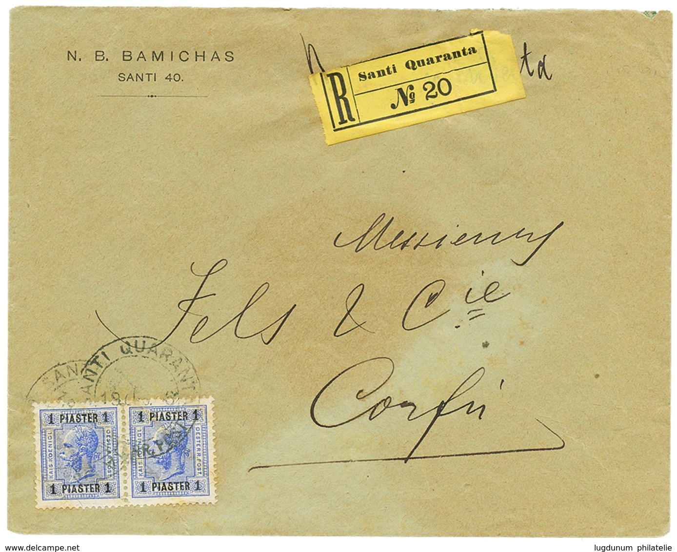 "SANTI QUARANTA" : 1906 1P(x2) Canc. SANTIQUARANTA On REGISTERED Envelope To CORFU. Scarce. Vf. - Levante-Marken
