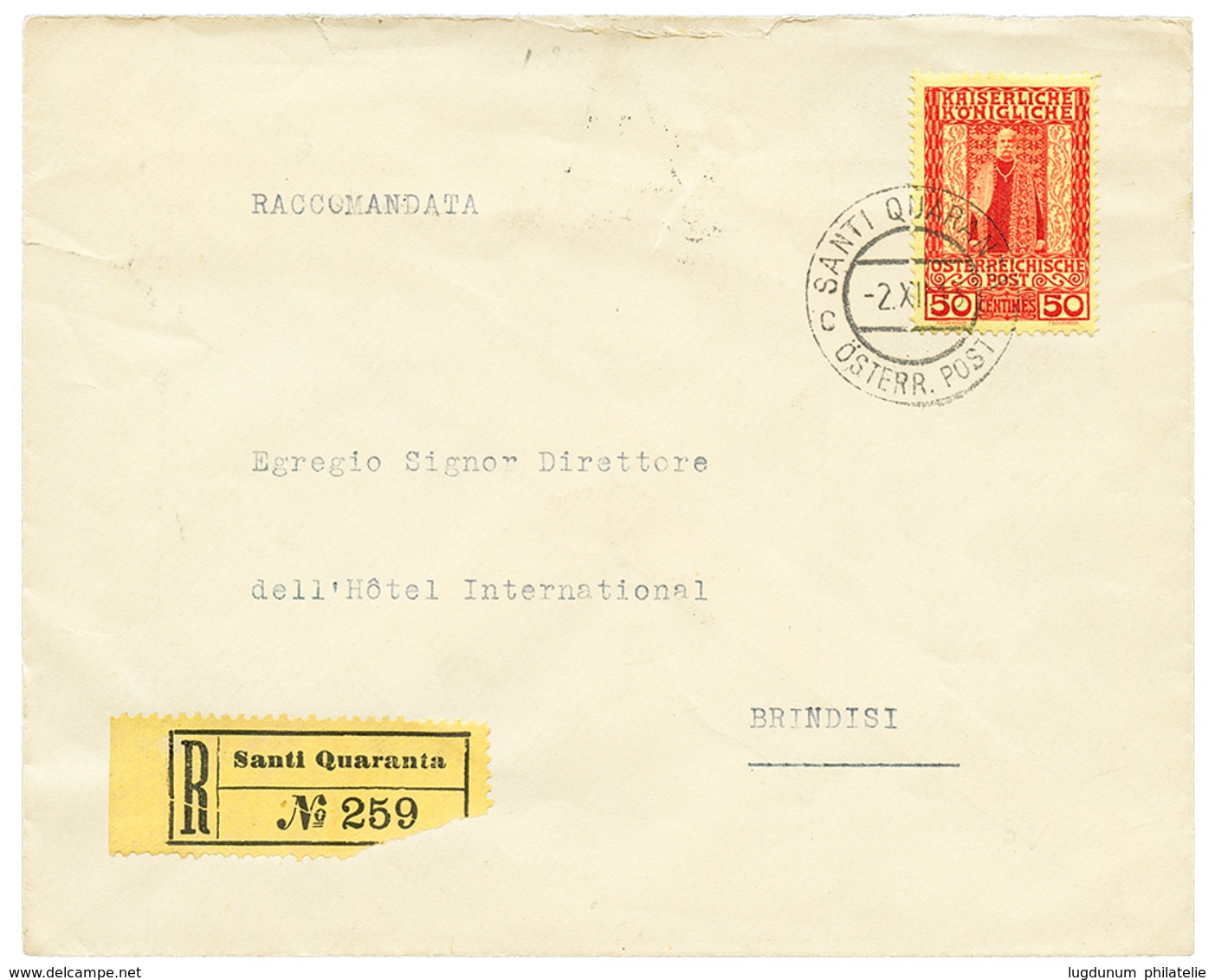 "SANTI QUARANTA" : 1915 50c Canc. SANTIQUARANTA On REGISTERED Envelope To BRINDISI. Scarce. Vf. - Levante-Marken