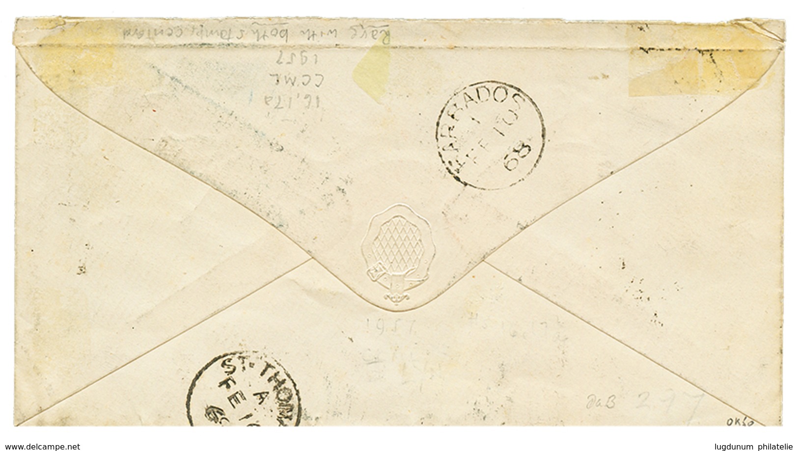 1868 BARBADOS 1d + 4d Canc. 1 + BARBADOES (verso) On Envelope Via HAVANNA To USA. Scarce. Vf. - Barbados (...-1966)