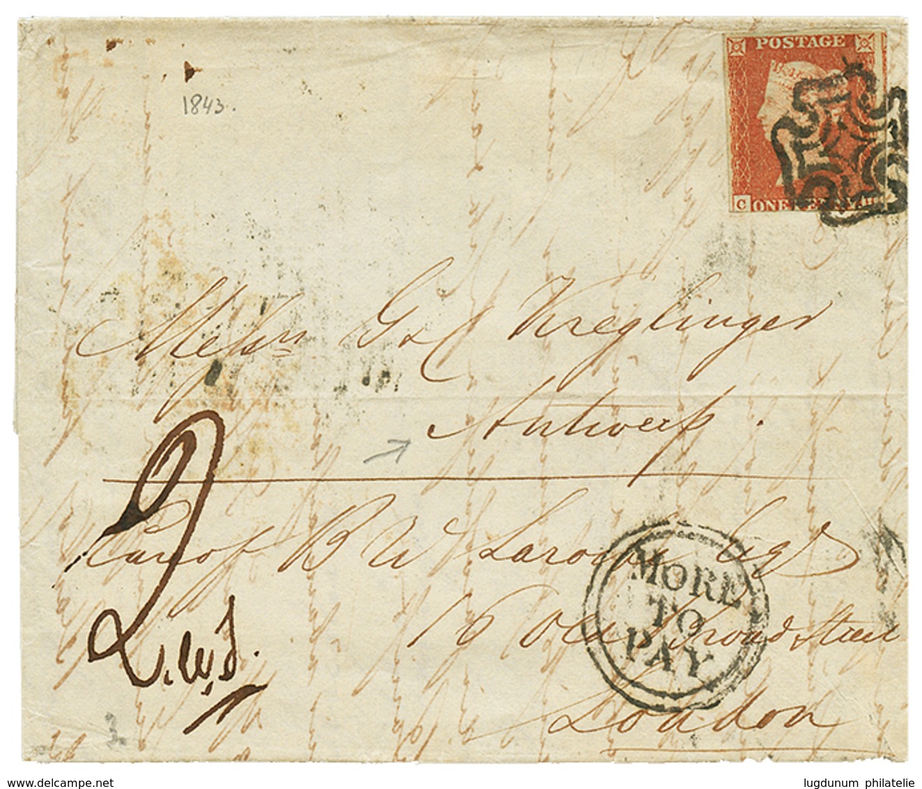 BELGIUM - Incoming Mail : 1843 GREAT BRITAIN 1p Red (touched At Base) + "2" Tax Marking + MORE TO PAY On Entire Letter F - Sonstige & Ohne Zuordnung