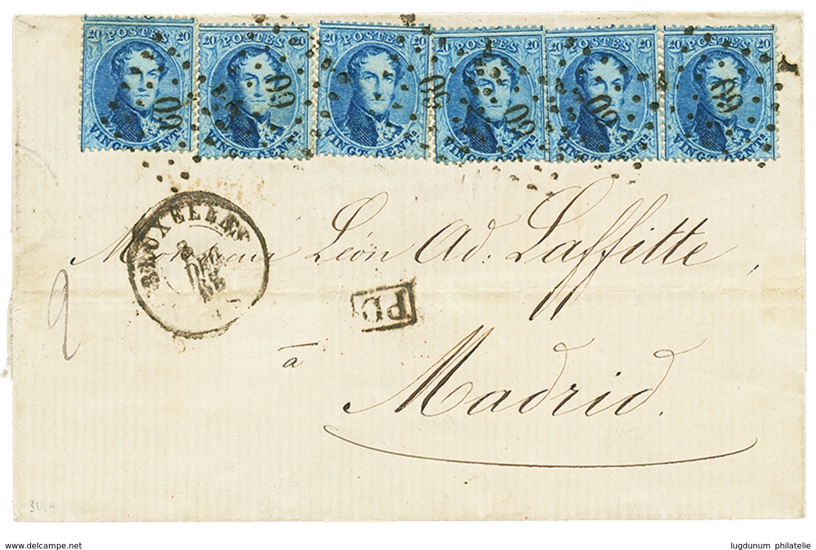 BELGIUM : 1865 20c(x6) Canc. 60 + BRUXELLES On Cover To MADRID (SPAIN). Superb. - Sonstige & Ohne Zuordnung