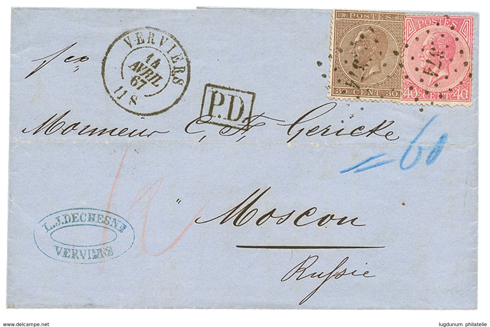 BELGIUM To RUSSIA : 1867 30c + 40c On Entire Letter From VERVIERS To MOSCOU (RUSSIA). RARE. Vvf. - Sonstige & Ohne Zuordnung