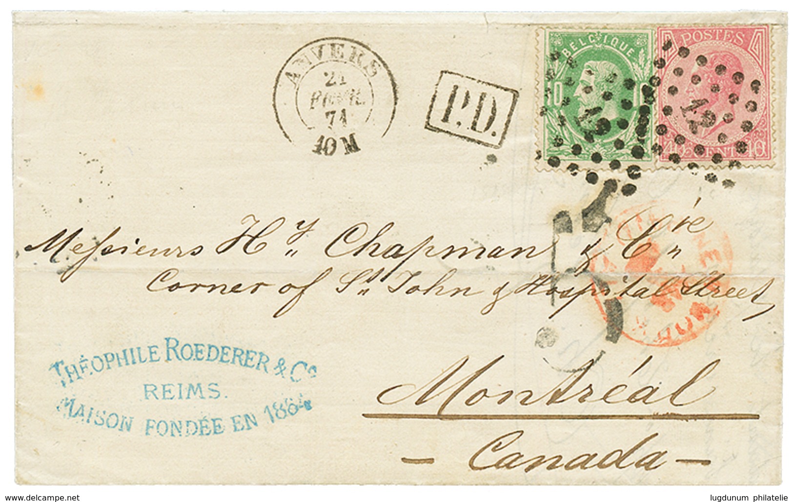 BELGIUM To CANADA : 1871 10c + 40c On Entire Letter From ANVERS To MONTREAL (CANADA). RARE. Vvf. - Sonstige & Ohne Zuordnung