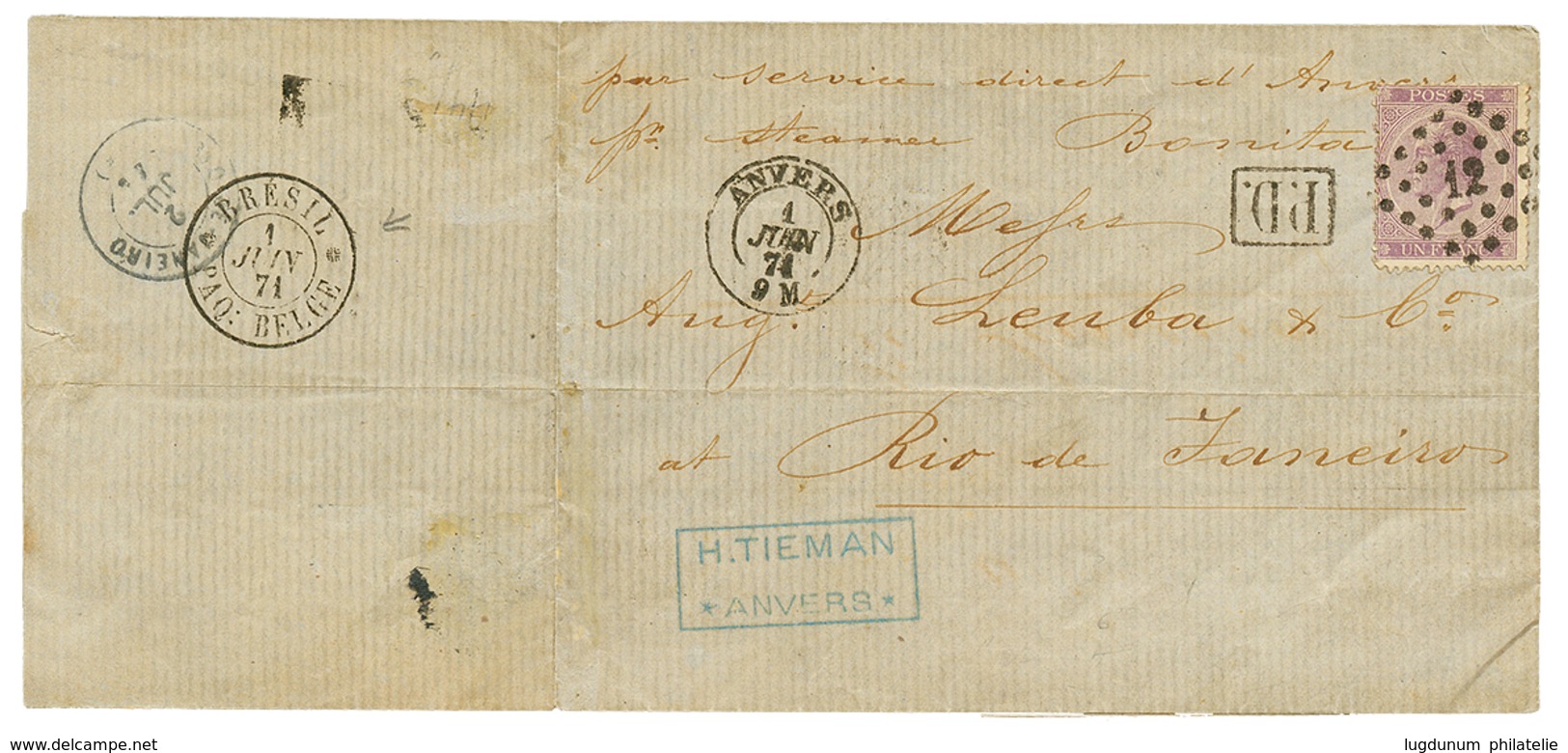 "BRESIL PAQ. BELGE" : 1871 BELGIUM 1F On Cover From ANVERS To RIO DE JANEIRO (BRAZIL). Verso, Very Rare BRESIL PAQ. BELG - Other & Unclassified