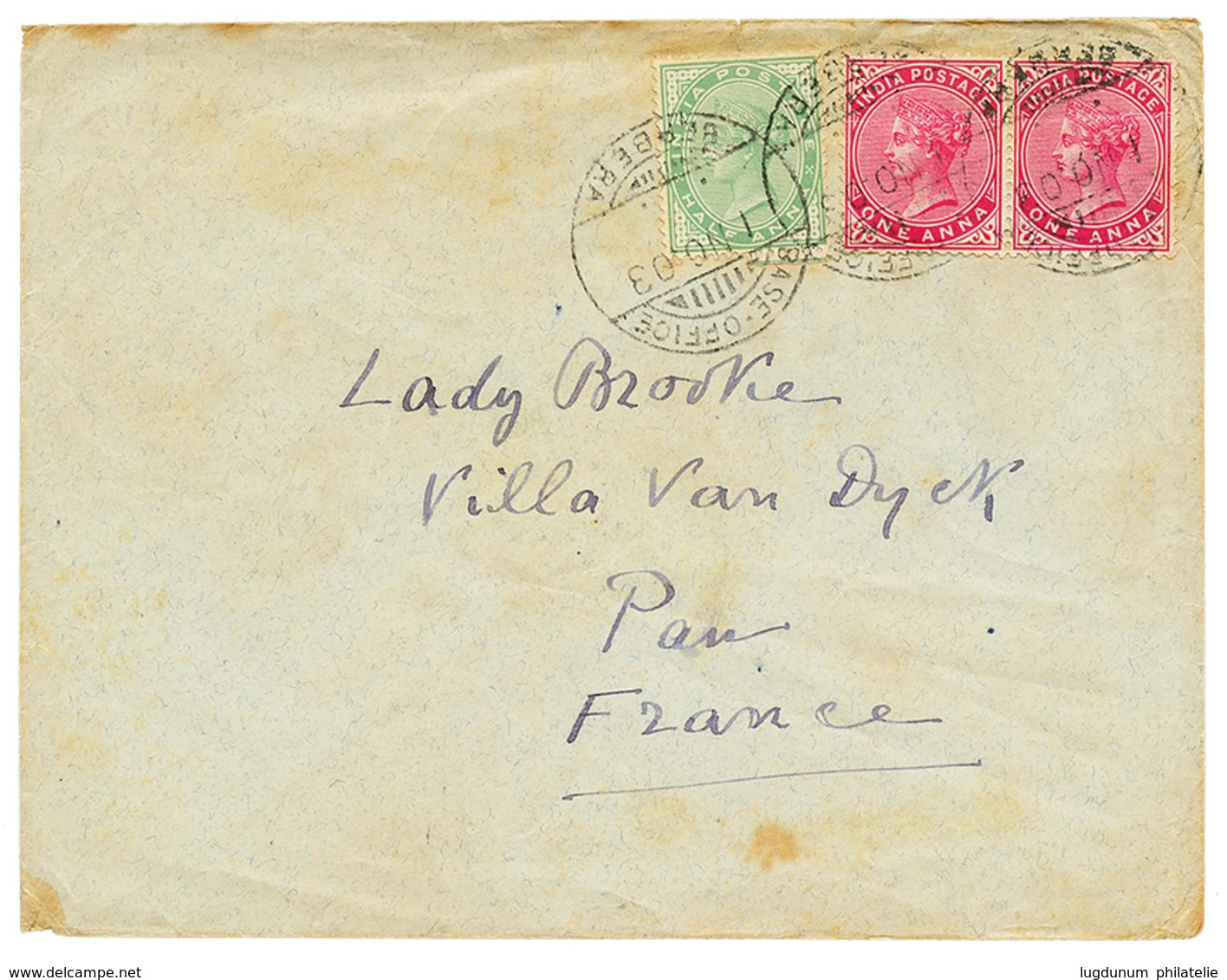 BRITISH SOMALILAND : 1903 INDIA 1/2a + 1a(x2) Canc. BASE OFFICE BERBERA On Envelope To FRANCE. Vf. - Somaliland (Herrschaft ...-1959)