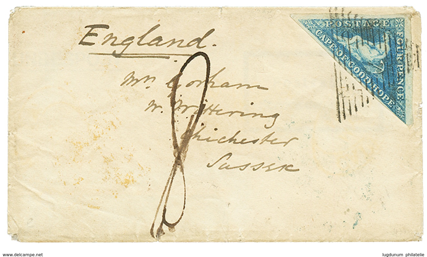 CAPE OF GOOD HOPE : 1855 4d + "8" Tax Marking On Envelope From CAPETOWN To ENGLAND. Vf. - Kap Der Guten Hoffnung (1853-1904)