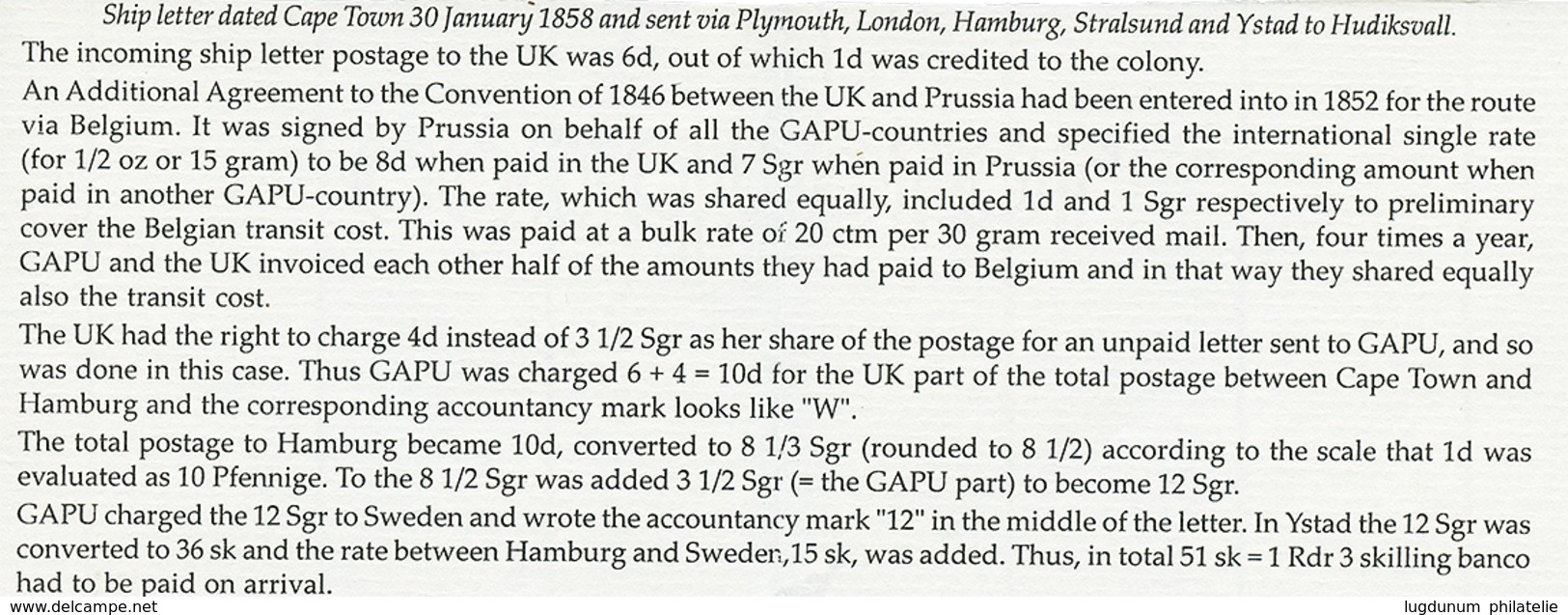 "CAPE OF GOOD HOPE To SWEDEN" : 1858 SHIP-LETTER + Tax Marking On Entire Letter From CAPE TOWN To HUDIKSVALL (SWEDEN). R - Kap Der Guten Hoffnung (1853-1904)