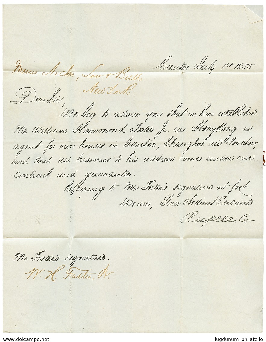 CHINA : 1855 "33" Tax Marking + NEW-YORK AM.PKT On Entire Letter From CANTON Via UK To USA. Superb. - Sonstige & Ohne Zuordnung