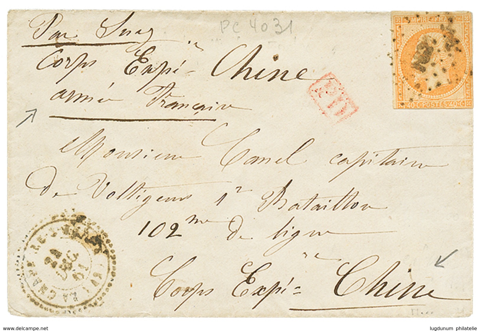 "French EXPEDITION In CHINA" : 1861 FRANCE 40c (just Touched) Canc. On Envelope Via SUEZ To CORPS EXPEDITIONNAIRE CHINE, - Sonstige & Ohne Zuordnung
